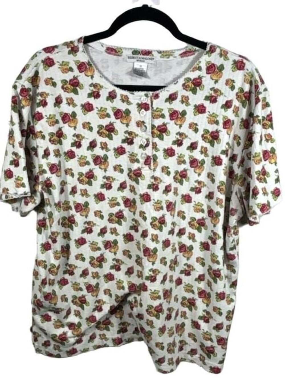 Rebecca Malone Woman Vintage Floral Rose Print Button Front Short Sleeve Top Siz